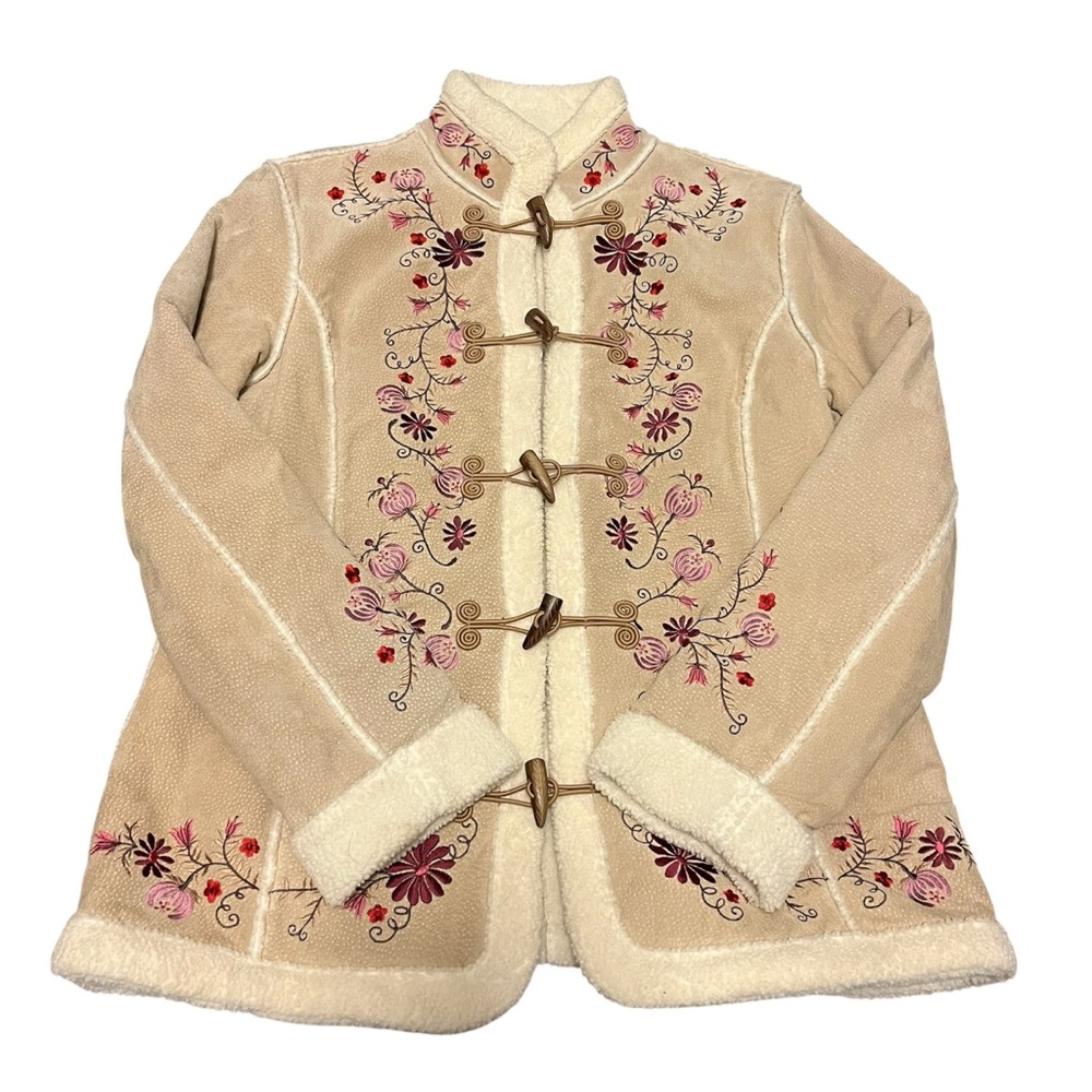 Vintage 90s St Johns Bay Floral Suede Sherpa Toggle Coat Friends Phoebe- XL